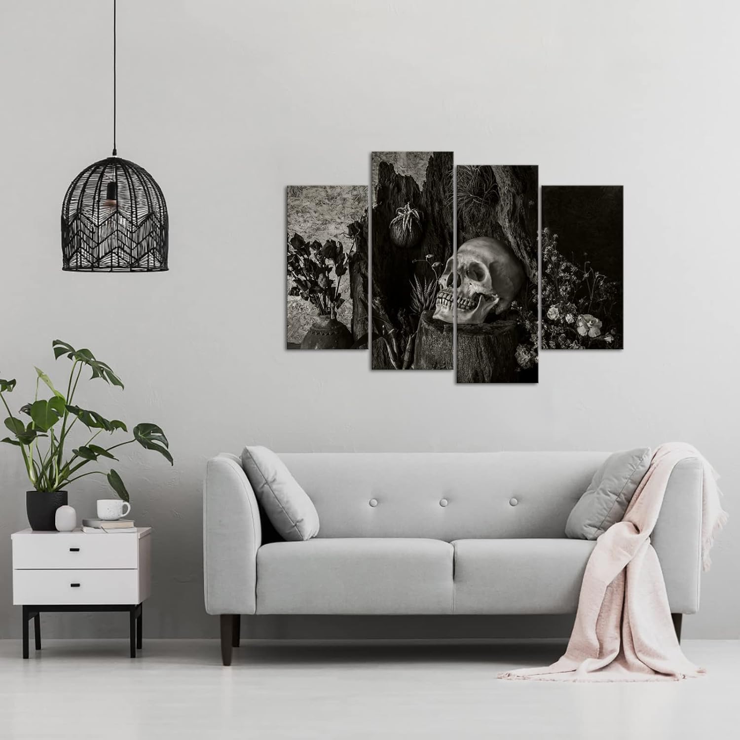 714VZzPS9dL._AC_SL1500_.jpg Nachic Wall 4 Piece Skull Canvas Wall Art Vintage Cool Human Skull with Flower Picture Painting Halloween Day Poster Prints for Living Room Home Office Decor Ready to Hang - Image 2