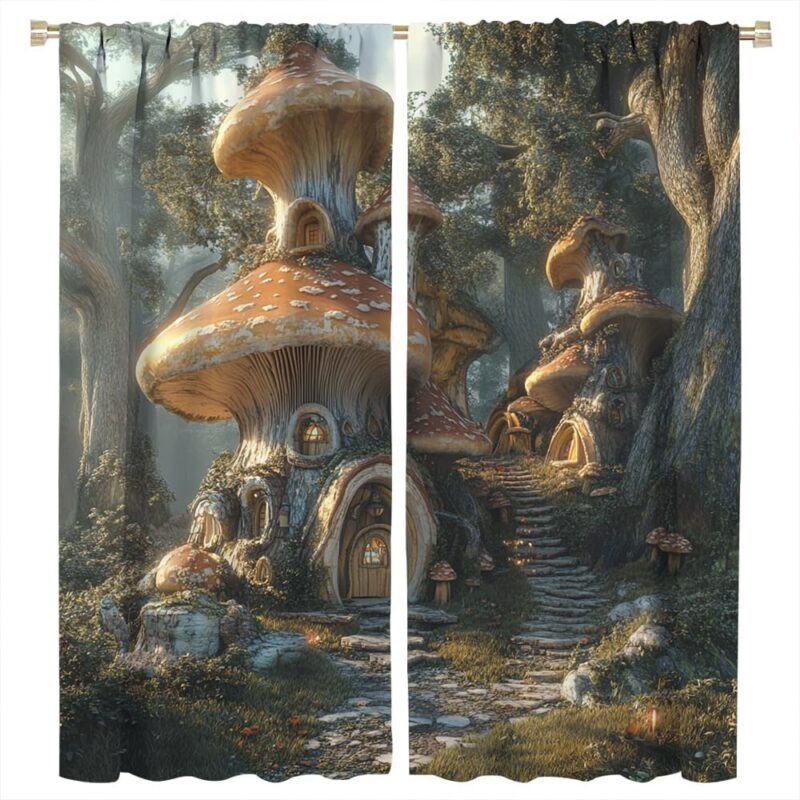 Magical Mushroom House Blackout Curtains for Home Decor Rustic Vintage Forest Rod Pocket Thermal Insulated Drapes Darkening Window Curtain for Bedroom Living Room 2 Panels 31.5 W x 63 L inch