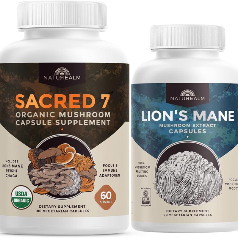 Naturealm Sacred 7 Organic Mushroom Extract Capsules & Lions Mane Mushroom Supplement Bundle - 270 Vegetarian Capsules for Immune Support and Cognitive Function
