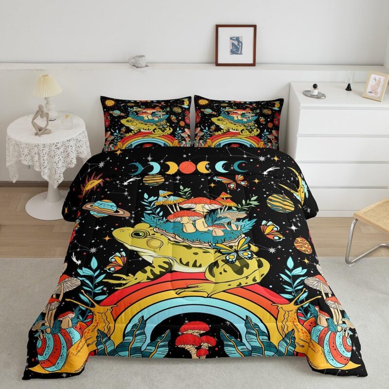 Manfei Frog Mushroom Kids Comforter Set Full Size,Retro Groovy Flowers Plants Mushroom Duvet Set for Kids Teens Bedroom Decor,Exotic Sun Moon Galaxy Glitter Colorful Microfiber Soft Bedding Set