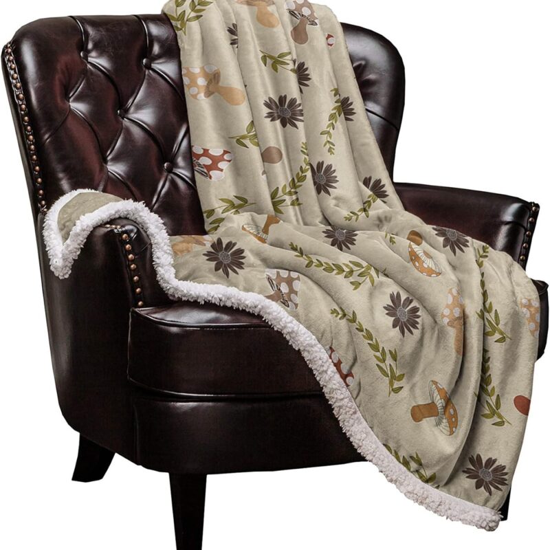 Fall Throw Blanket for Couch Soft Fleece Blanket Sherpa Blanket 50"x80" - Lightweight Cozy Plush Blanket for Bed Blanket Art Watercolor Mushroom Leaves Texture Brown Throw Blanket for Women Men