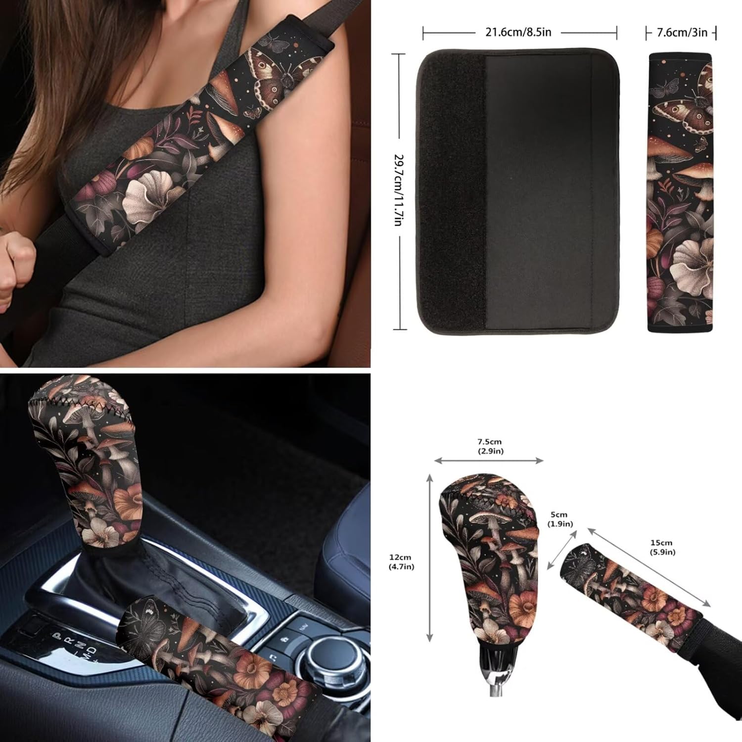 7175JGOC6pL._AC_SL1500_.jpg Mushroom Butterfly Flower Print Car Seat Covers Sets of 12 Waterproof Steering Wheel Cover, Auto Seat Belt Cover, Armrest Cover, Handbrake Cover, Coasters for Vehicle SUV Truck - Image 6