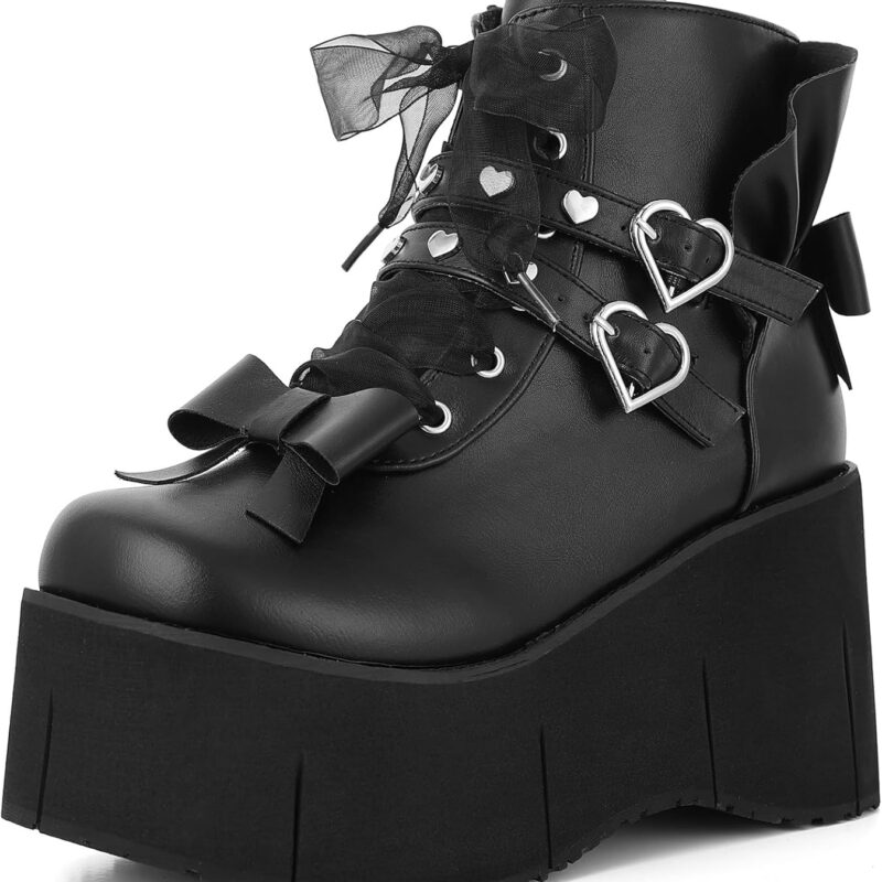 Tscoyuki Studs Platform Boots for Women Goth Rave Boots Round Toe Chunky Wedge Heel Combat Ankle Boot w/Side Zip Buckle Booties for Concert