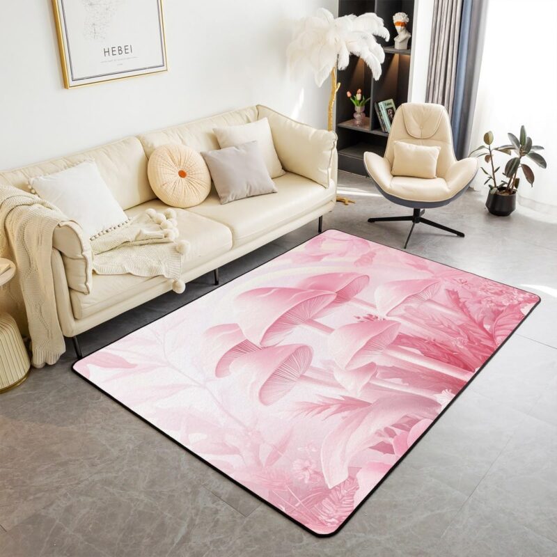 Pink Dreamy Mushroom Carpet 6'6" x 4'11",Boho Botanical Flowers Area Rug,Cartoon Mushroom Print Indoor Floor Mat,Plant Floral Leaves Room Decor for Kids Girls Teen Women