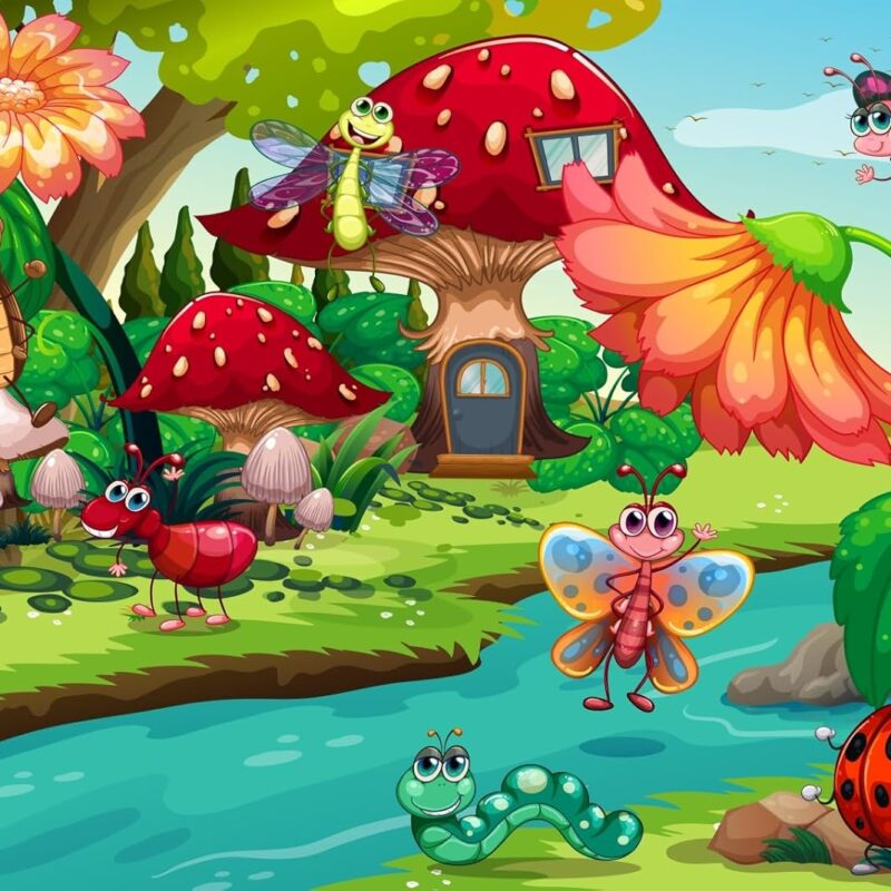 CORFOTO 17x10ft Cartoon Animals Backdrop Forest Mushroom House Insects River Green Grass Cartoon Photo Background for Baby Shower Birthday Themed Party Decor Dessert Table Photo Studio Props