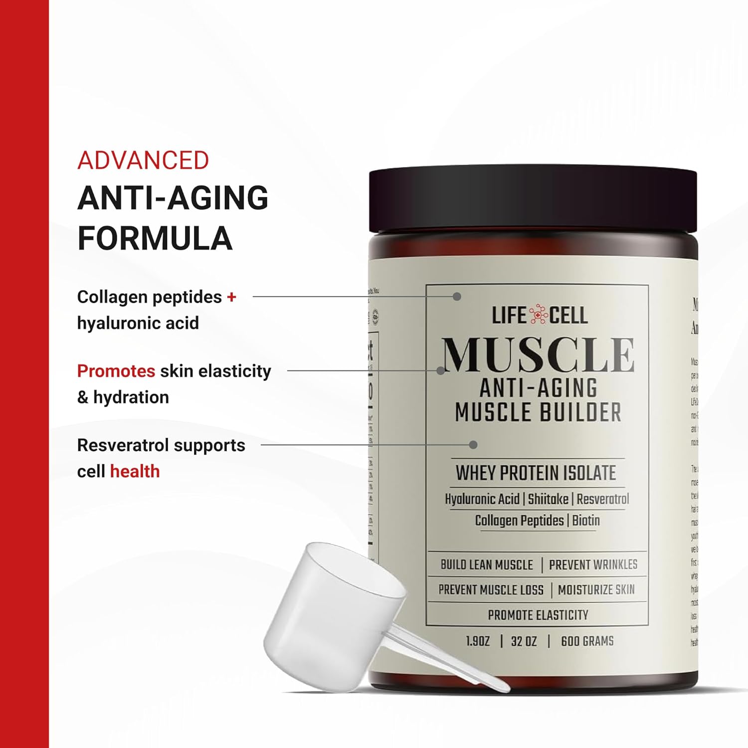 718vYDumVbL._AC_SL1500_.jpg LifeCell Whey Protein – Anti-Aging Muscle Builder with Shiitake Mushroom, Collagen & Hyaluronic Acid – Vanilla, No Sugar Added, Soy-Free, Gluten-Free, 600g (18 Servings) - Image 3