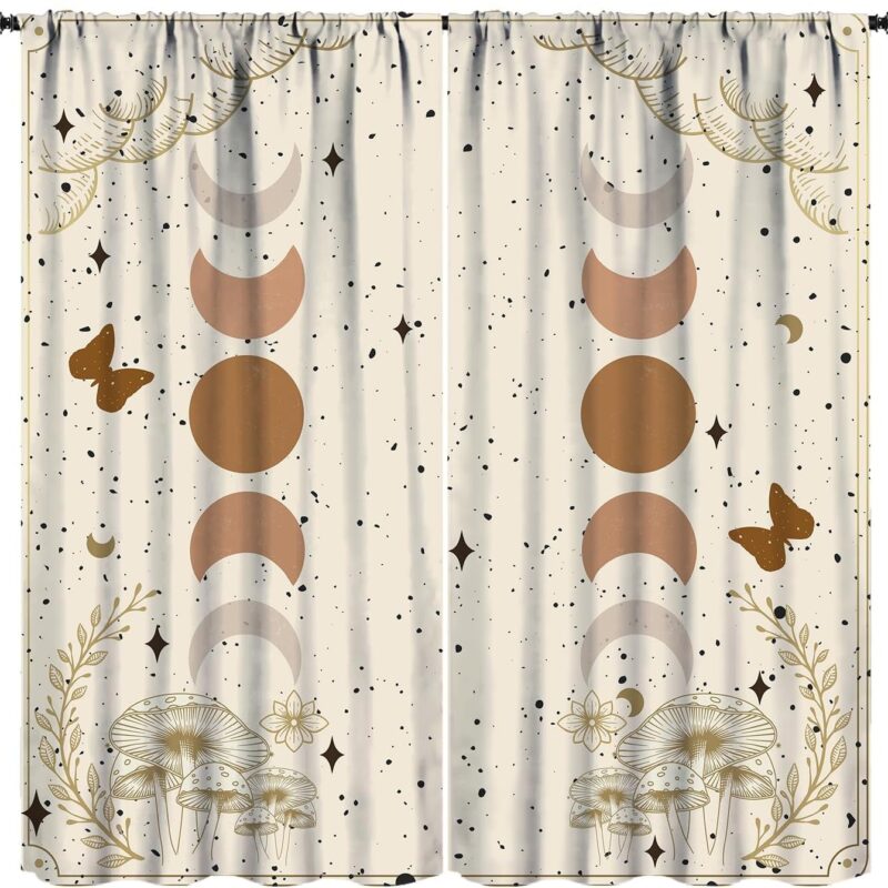 Boho Moon Window Curtains,Vintage Style Mysticism Moon Phase Blackout Drapes,Nature Floral Plant Mushroom Butterfly Stars Print Curtains for Boys Girls Bedroom Decor,Beige Background 52x84in
