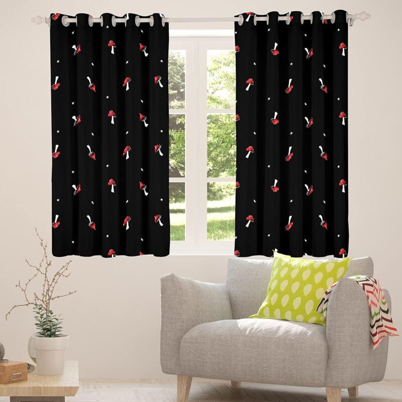 Cute Mushroom Curtain Kid Cartoon Kawaii Window Curtains Red Mushroom Window Treatments Farmhouse Botanical Curtain Panels Lovely Natural Wild Plants For Bedroom Decor, Black 52" X 63",2 Panels