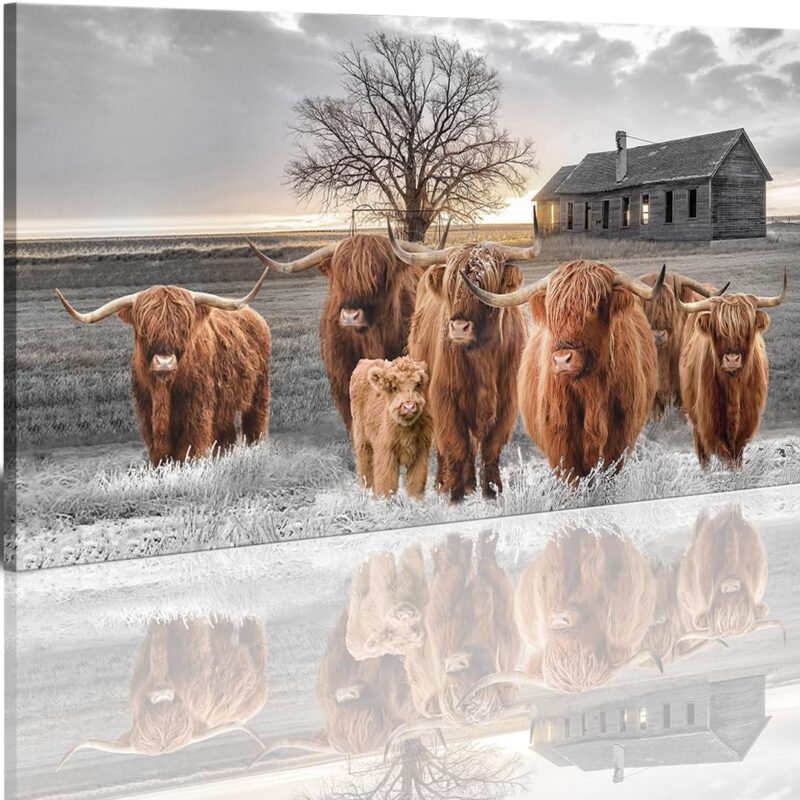 Highland Cow Wall Art Canvas 24x48 inches Scottish Cow Pictures Wall Décor Farmhouse Animal Painting Artwork for Kitchen