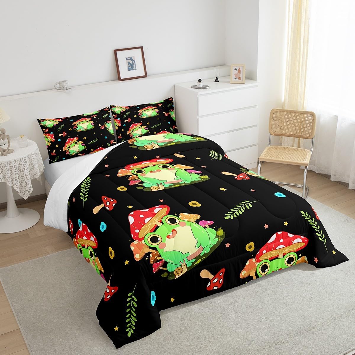 71Ai4pYbE4L._AC_SL1200_.jpg Feelyou Cartoon Mushroom Frog Bedding Set Cute Mushroom Decor Comforter Kawaii Fungus Frog Comforter Set Frog Duvet Set Full Size Quilt - Image 4