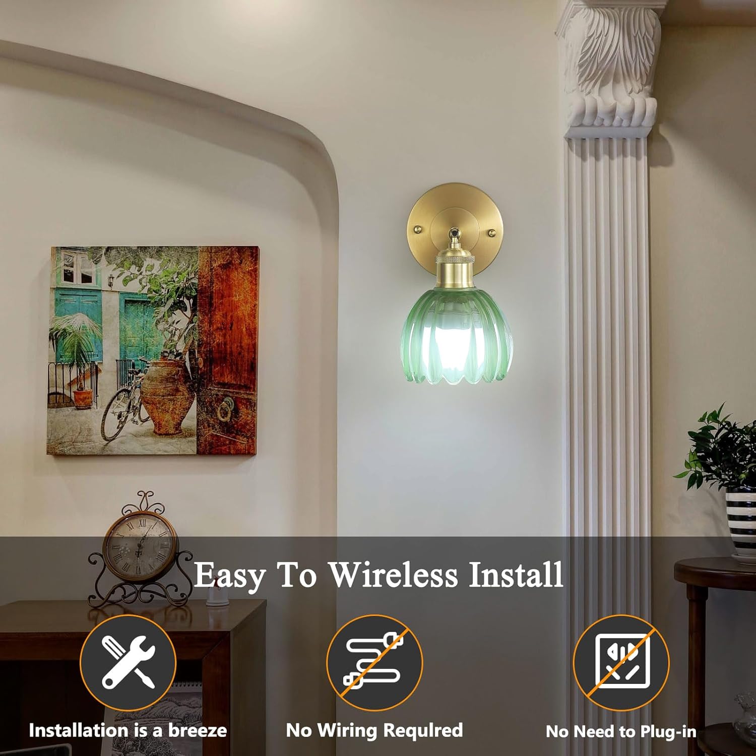 71B3wk0oERL._AC_SL1500_.jpg Vintage Battery Operated Wireless Wall Sconces, Rechargeable Gold Wall Lights,Green Tulip Glass Lampshad With Remote Dimmable Wall Lighting Indoor, Led Wall Lamp Fixtures For Bedroom, Living Room - Image 6