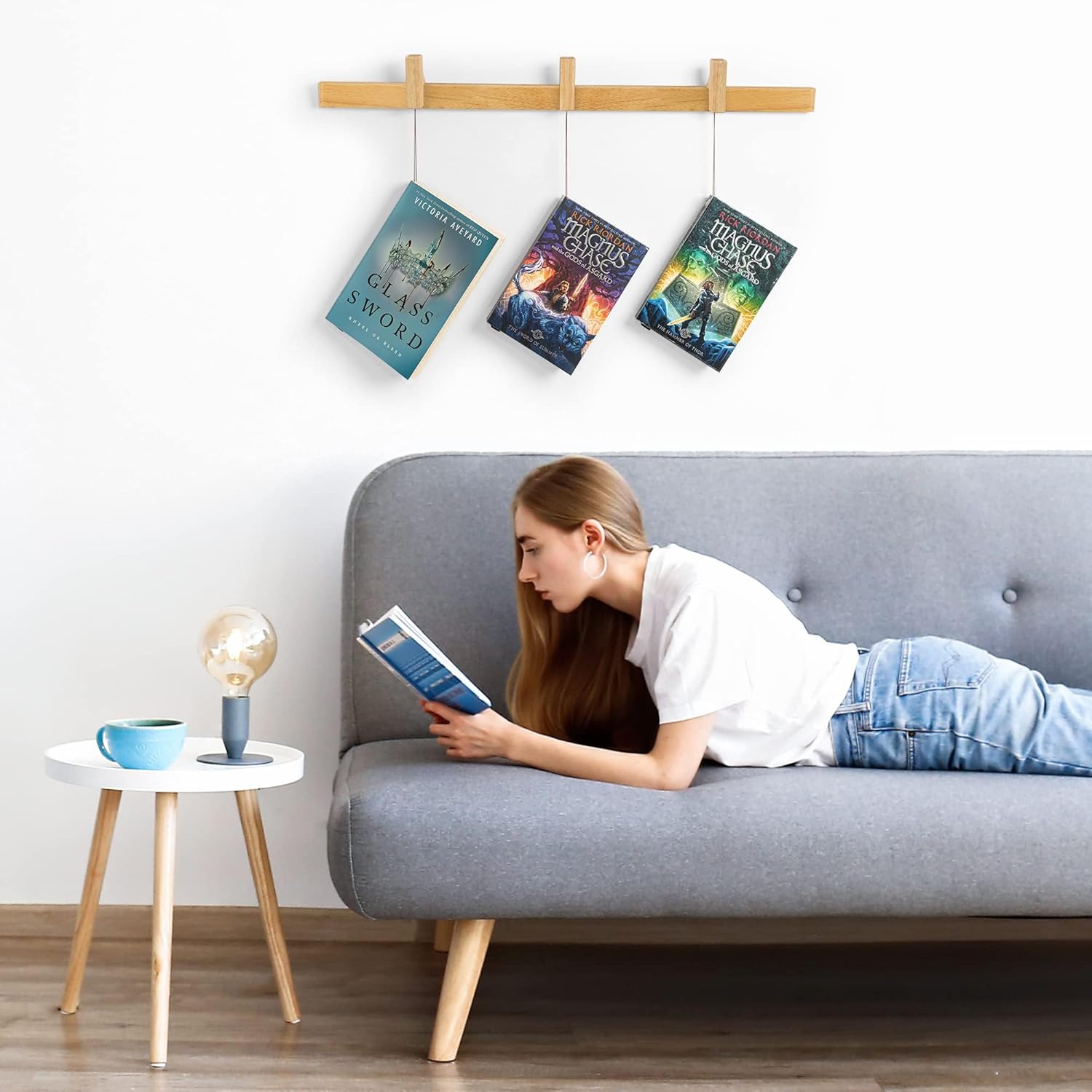 71B9mtGzzwL._AC_SL1500_.jpg Floating Wall Bookshelf - Wall Mounted Book Organizer with Included Bookmarks - Hardwood Hanging Bookshelf for Bedroom, Living Room, or Kitchen - A Thoughtful Gift for Book Lovers (Natural) - Image 2