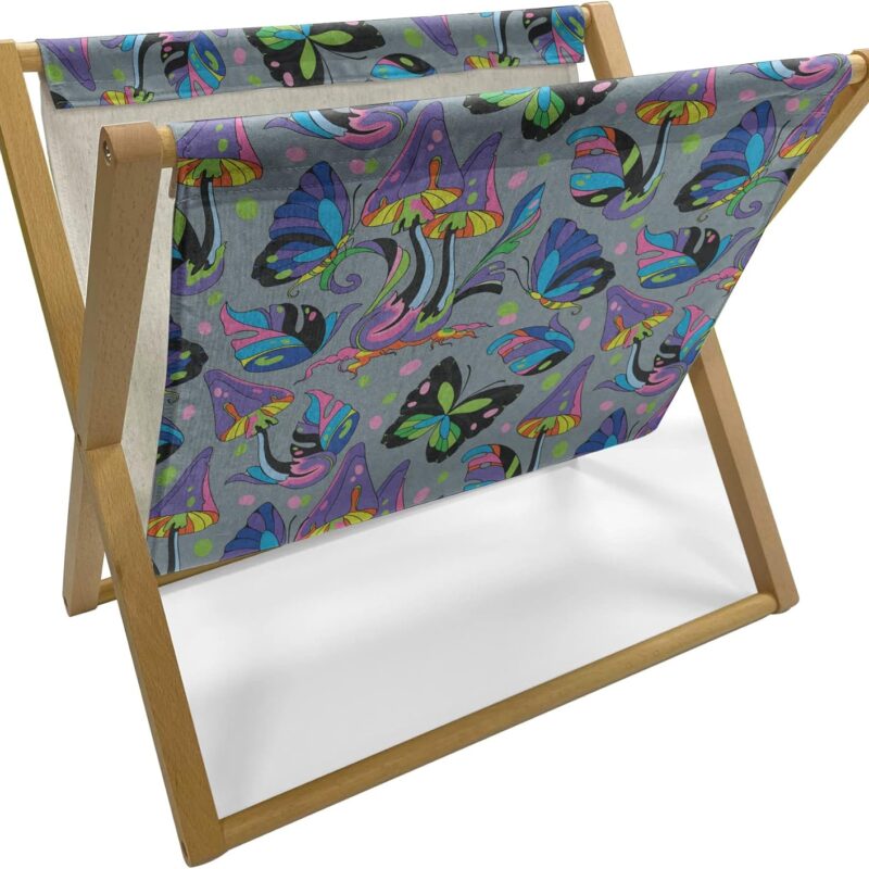Lunarable Mushroom Magazine and Book Holder, Colorful Magic Forest with Psychedelic Elements Mushroom Butterfly Dots and Leaves, Floor Rack Decor for Interior of Home & Office, 22" x 19", Multicolor