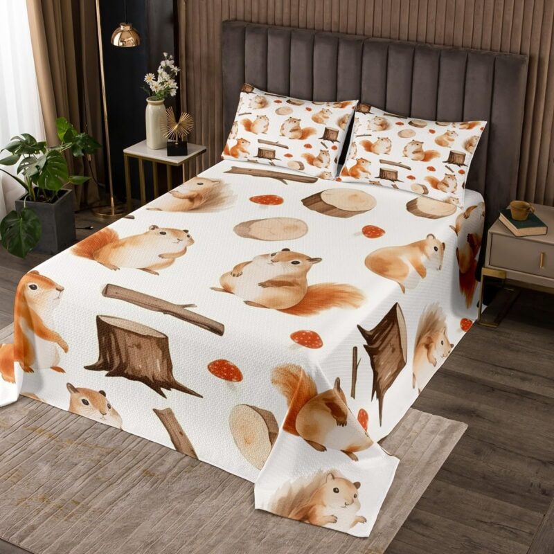 Erosebridal Kids Squirrel Bedspread Set Mushroom Tree Stump King Coverlet Set for Boys Girls,Cute Cartoon Animal Quilt Set Lovely Jungle Wildlife Bed Set for All Season