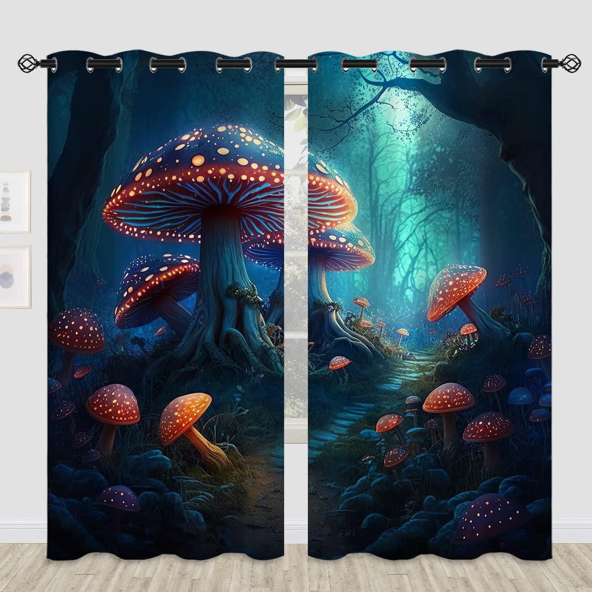71C8AzcxPFL._AC_SL1200_.jpg Magic Forest Blackout Curtains for Girls Boy Home Decor, Mushroom Fantasy Nature Plant Grommet Thermal Insulated Drapes Darkening Window Curtain for Bedroom Living Room, 84 x 84 Inch - Image 2
