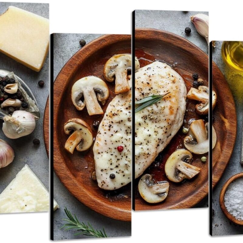 Canvas Wall Art Roasted chicken fillet cheesy mushrooms cream sauce cooking pan light Photo Prints Realism Stretched & Framed Artworks Modern Wall Decor for Living Room Bedroom Office
