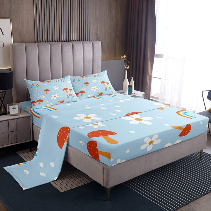 White Daisy Floral Blue Bedding Set Queen Size,Red Mushroom Rainbow Bed Sheets for Kids Girls Boys Teens Room Decor,Cartoon Botanical Fitted Sheet White Polka Dot Printing Top Flat Sheet 4Pcs