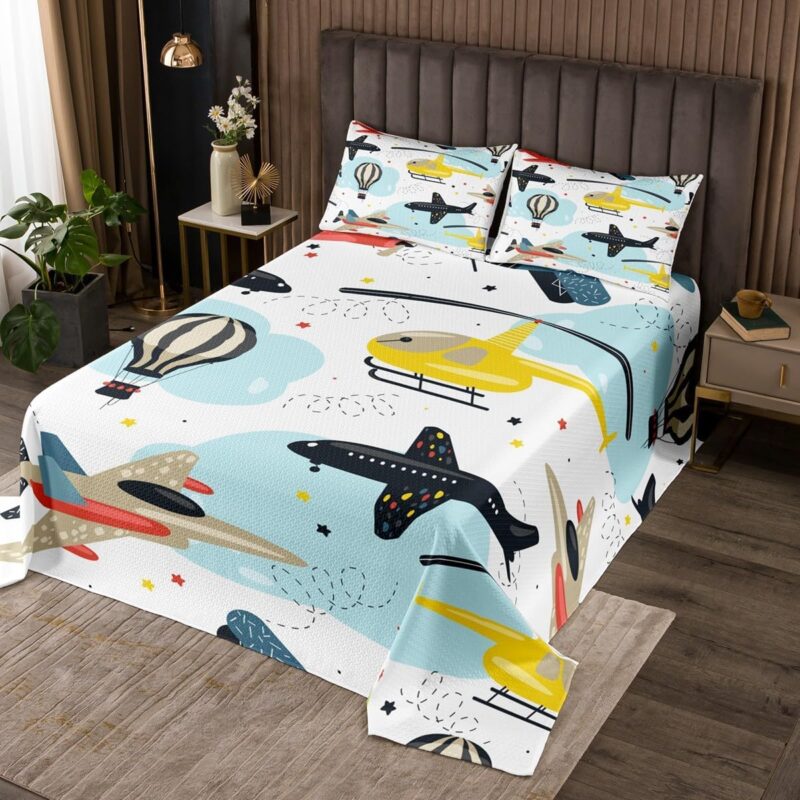 Erosebridal Aircraft Quilt Set Twin,Airplane Bedspread Set for Boys Girls Kids Toddler Children,Cartoon Flight Coverlet Set Room Decor,Helicopter Fighter Flying Plane Bed Set,Blue Yellow Red