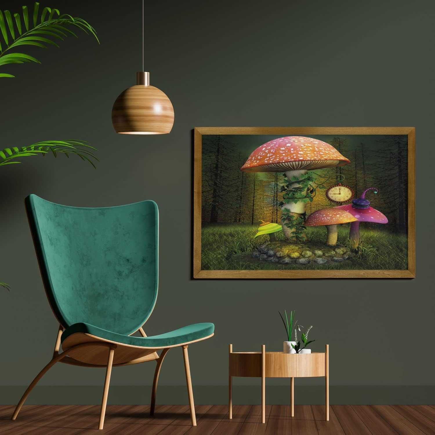 71DTq2mtpBL._AC_SL1500_.jpg Ambesonne Fantasy Framed Wall Art, Fiction Forest Giant Mushrooms and Elves Enchanted Image, Fabric Poster with Walnut Tone Wood Frame Home Dorm Decor, 35" x 23", Green Coral - Image 2