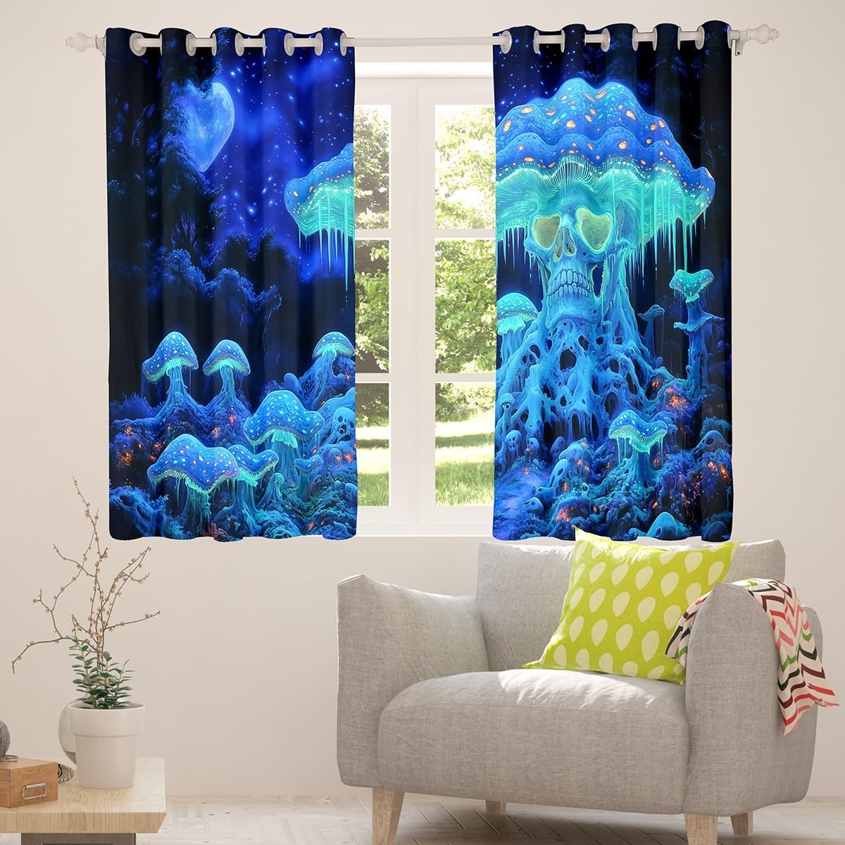71DuTLQox0L._AC_SL1200_.jpg Manfei Mushroom Skull Window Curtain Set of 2 Panels,Halloween Moon Night Neon Blue Curtain,Mysterious Mushroom Jungle Gothic Skeleton Window Drapes for Kids Boys Room Decor,52Wx63L Inches - Image 4