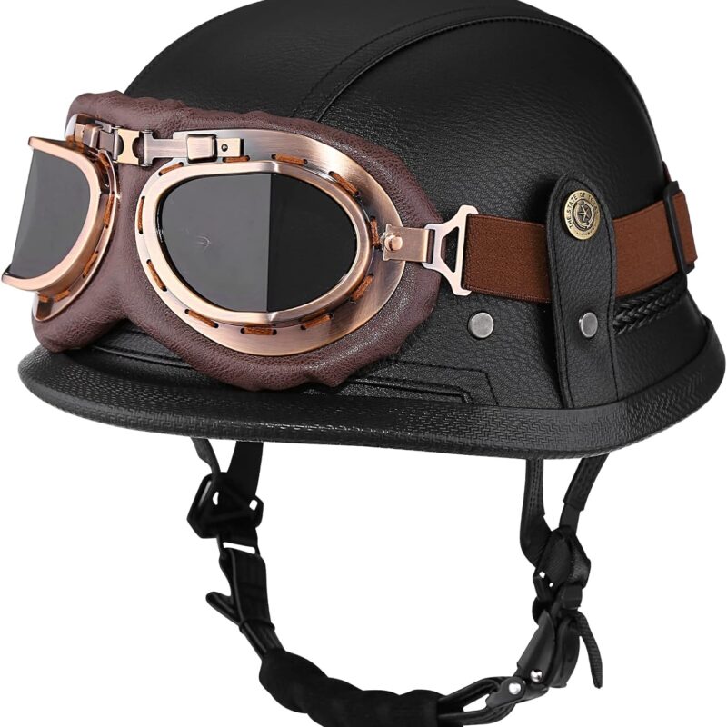 Motorcycle Half Helmet Retro German Handmade Leather Half Face Quick Release Buckle & Goggles - DOT Approved (Black, L)