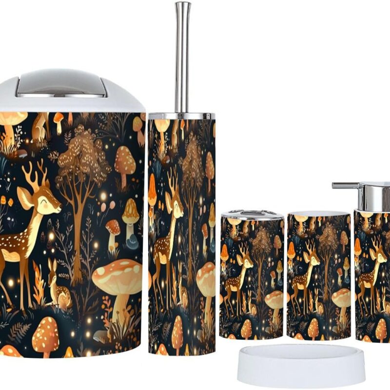 Bathroom Accessory Set 6 Piece Boho Mushrooms Grass Glowing Lights Abstract Repeated Wild Trash Can, Toothbrush Holder, Soap Dispenser, Soap Dish, Toothbrush Cup, Toilet Brush Holder