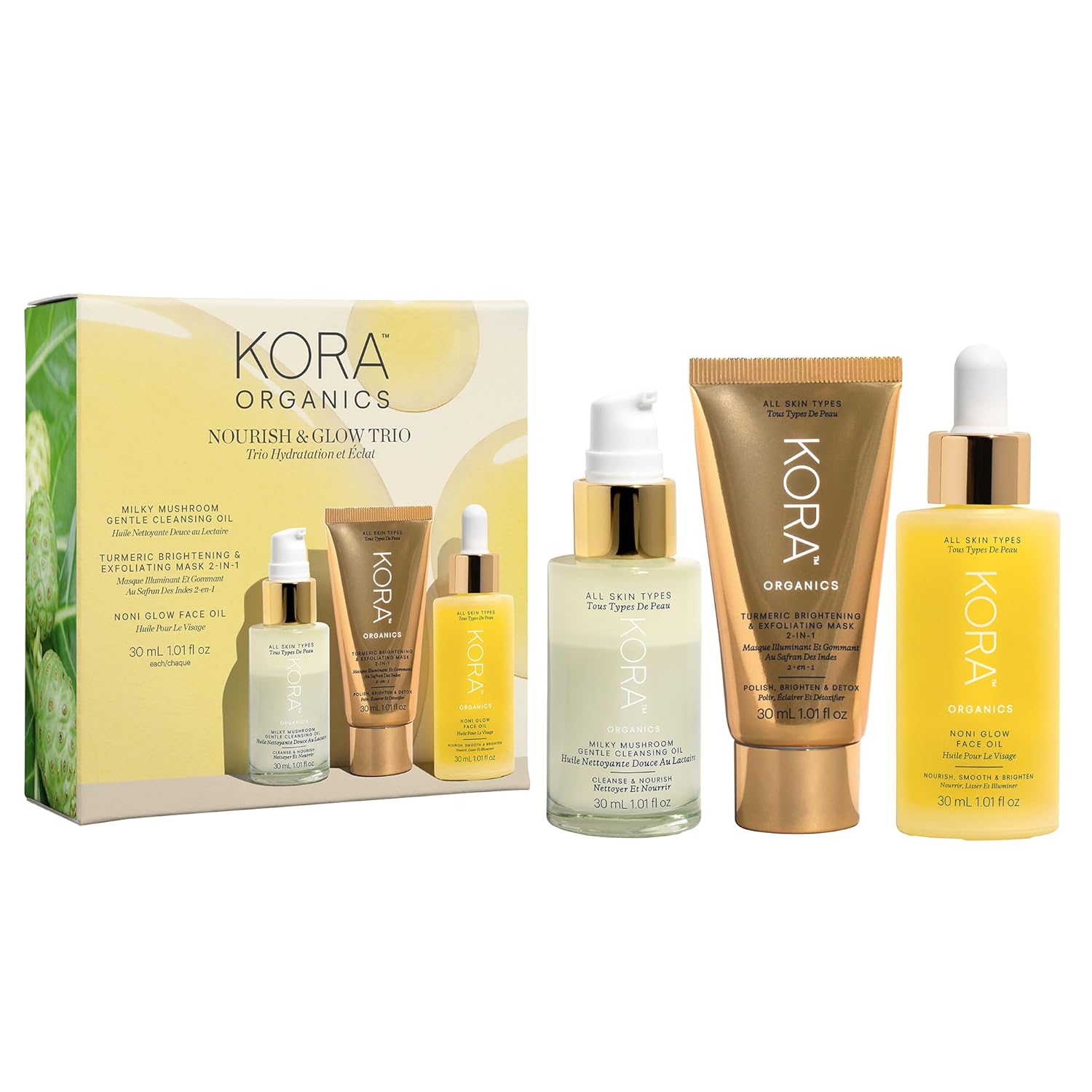 71Ela9sZfqL._SL1500_.jpg KORA Organics Nourish & Glow Trio, Gift Set with Noni Glow Plumping Face Oil, Turmeric Exfoliating Mask and Milky Mushroom Cleansing Oil (3 Items)