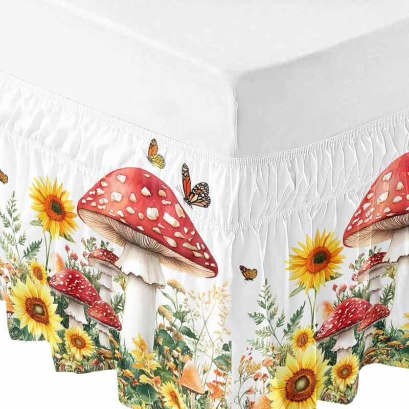 Mushroom Bed Skirt Cal King Size 16 Inch Drop, Elastic Bedskirt Dust Ruffle for Cal King Bed, Sunflower Spring Floral Summer Botanical Wrap Around Bed Skirts Pleated Bed Frame Cover