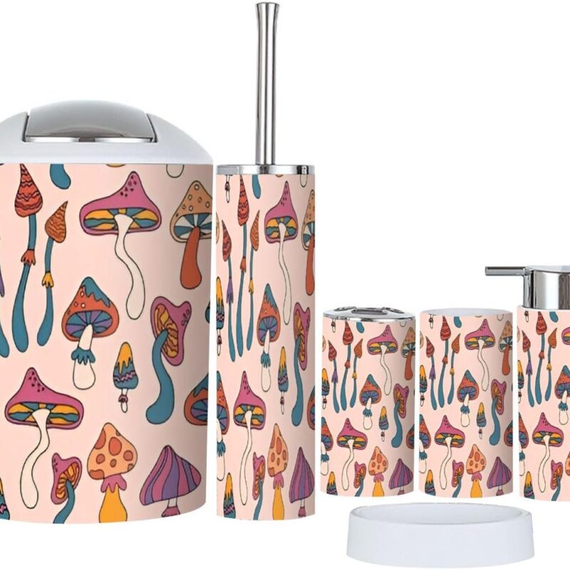 Bathroom Accessory Set 6 Piece Seamless Mushroom Pattern Pattern Retro Mushrooms Retro 70s 60s Toothbrush Holder, Toothbrush Cup, Soap Dispenser, Soap Dish, Toilet Brush Holder, Trash can