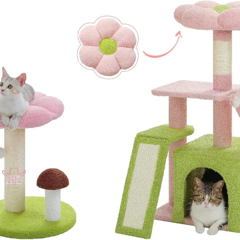 PETEPELA Flower Cat Tree for Indoor Cats, 31.5'' Small Cat Tower Cat Condo with Sisal Scratching Ramp+Cat Scratching Post, Mushroom Cat Scratcher Cute with Thick Scratching Post [Dia=3.5'']