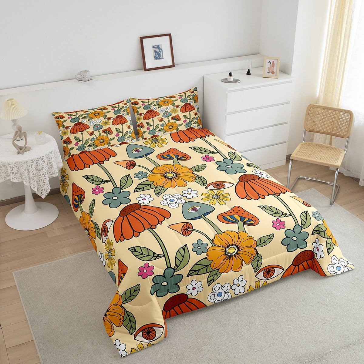 71FzqRpERLL._AC_SL1200_.jpg Castle Fairy Retro Flowers Bedding Comforters Queen Size,70s Floral Mushroom Comforter Set with 2 Pillowcases,Art Hippie Plant Eye Print 3pcs Children Adult Duvet Set,Soft - Image 5