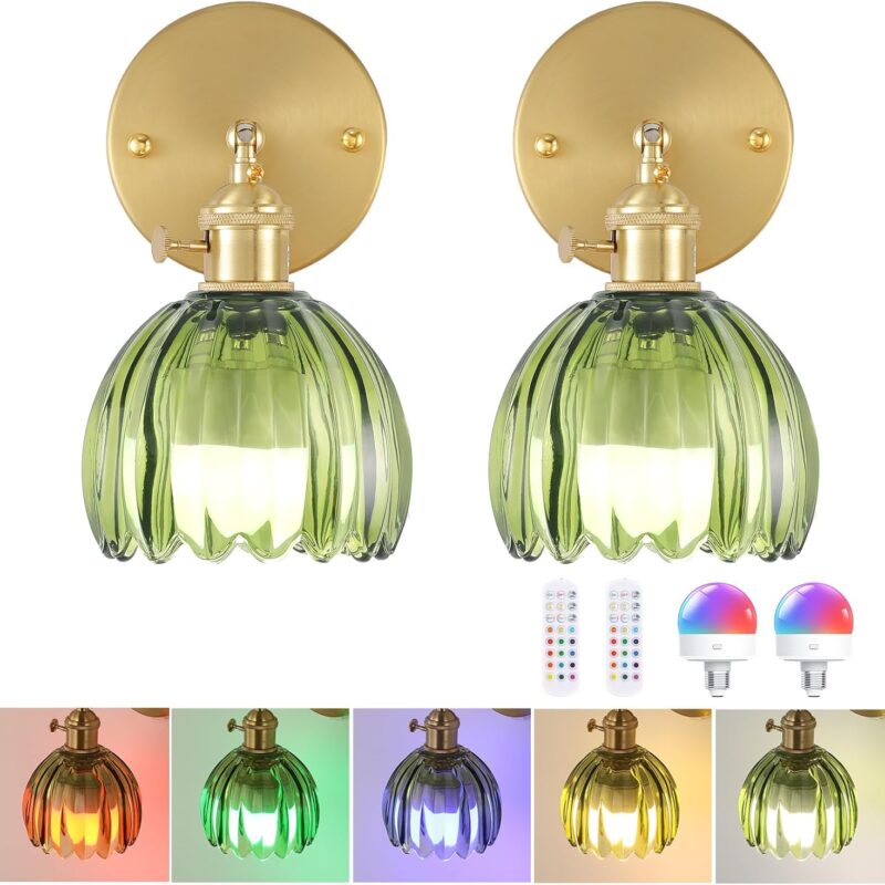 Vintage Battery Operated Wall Sconce with Green Tulip Glass Lampshade Wireless Rechargeable Battery Powered Wall Light with Remote Control for Bedside Bedroom Doorway, Set of 2
