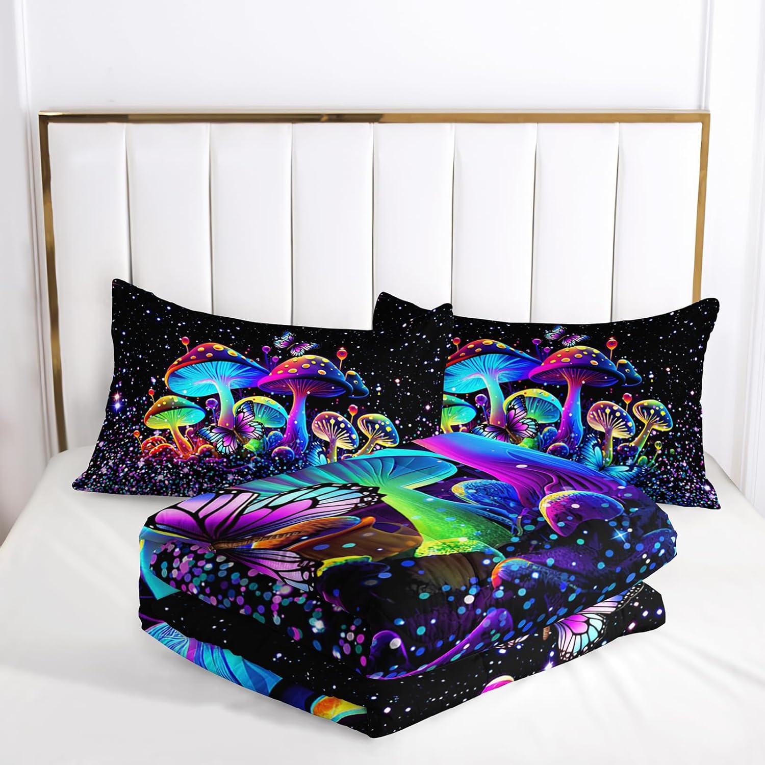 71GCJdhiBqL._AC_SL1500_.jpg Kids Mushroom Comforter Set, Colorful Sparkle Natural Wild Fungus Bedding Set for Kids Boys Girls, Botanical Plants Duvet Set Butterfly Comforter with 2 Pillowcases Twin Size - Image 3