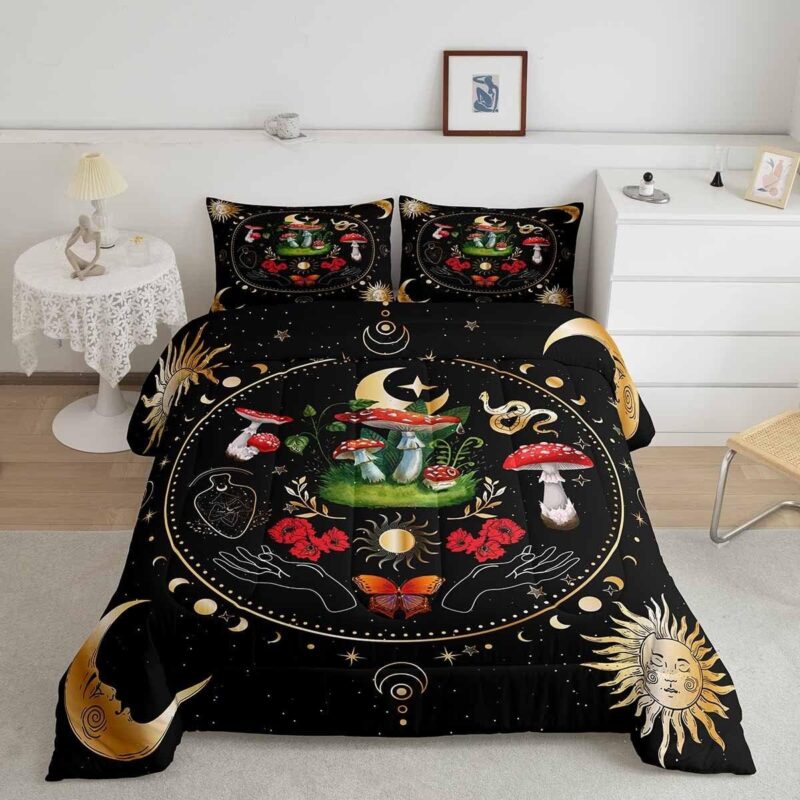 Mushroom Kids Comforter Set Full Size,Sun Moon Starry Sky Galaxy Romantic Bedding Set,Girls Boys Adults Bedroom Decor,Butterfly Snake Boho Trippy Down Comforter,Colorful Duvet Insert,2 Pillowcases