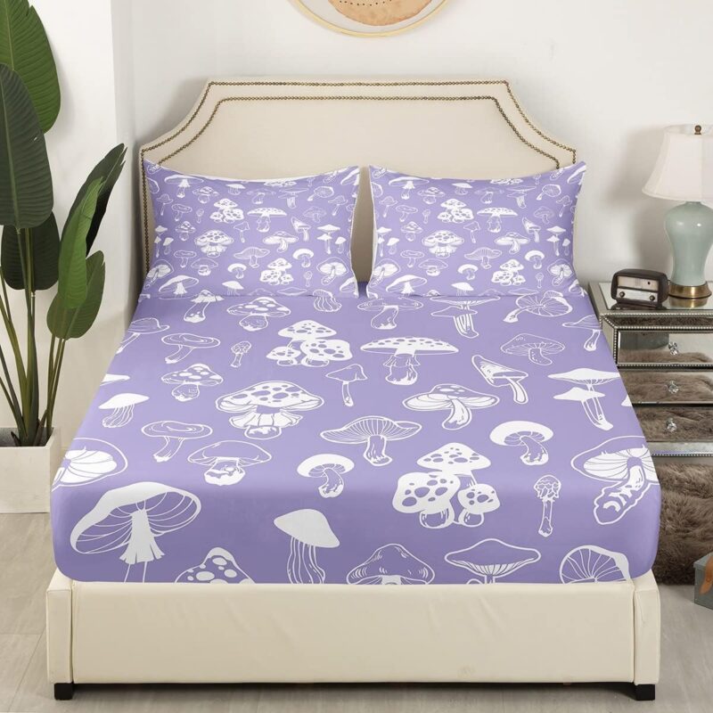 Purple Mushroom Fitted Sheet Queen Size Cute Mushroom Bedding Set Purple and White Sheet Set,Cute Cartoon Plants Bed Cover Ultra Soft Breathable Bedspread 3 Pcs for Kids Teens Boys