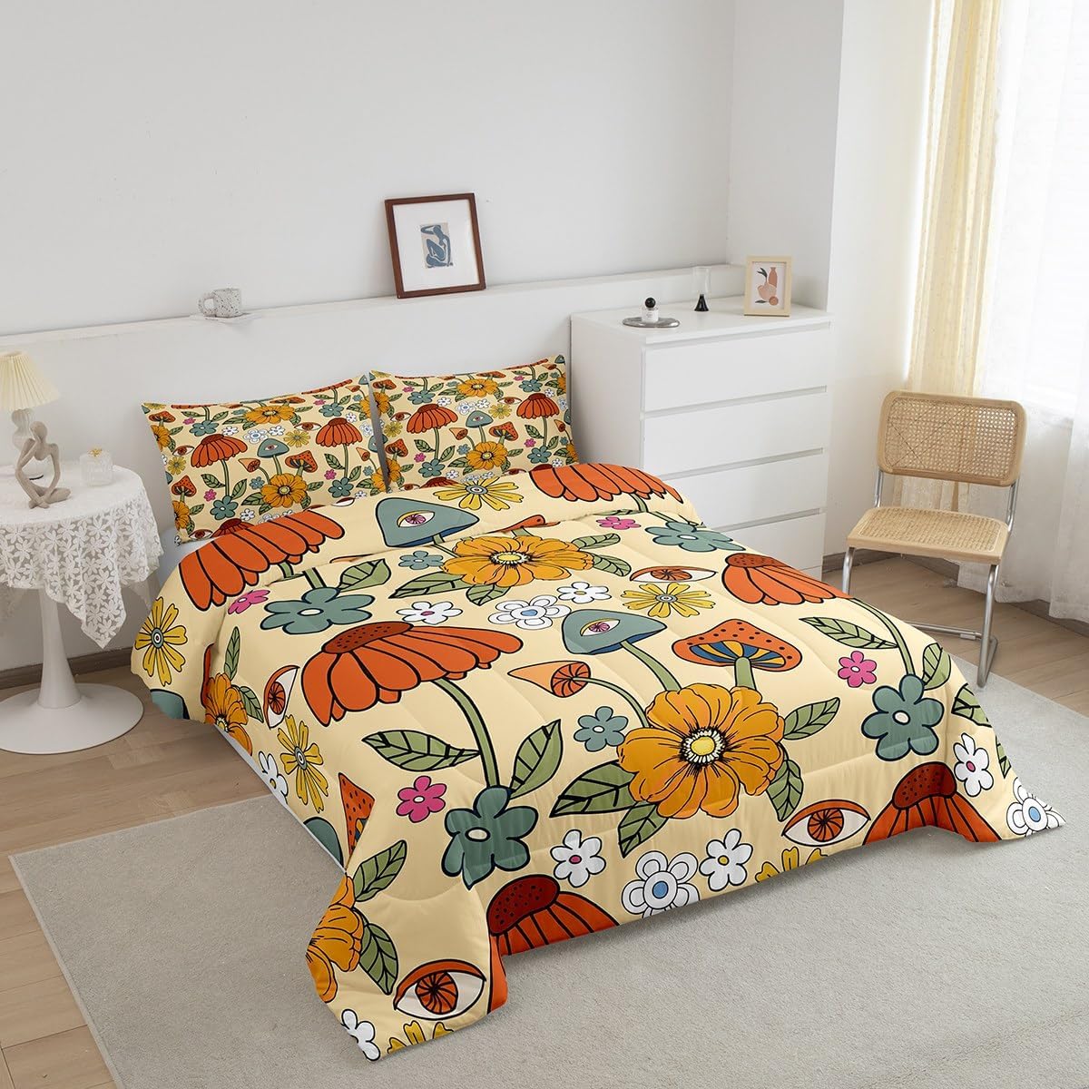 71Ge-CnyiBL._AC_SL1200_.jpg Castle Fairy Retro Flowers Bedding Comforters Queen Size,70s Floral Mushroom Comforter Set with 2 Pillowcases,Art Hippie Plant Eye Print 3pcs Children Adult Duvet Set,Soft - Image 4