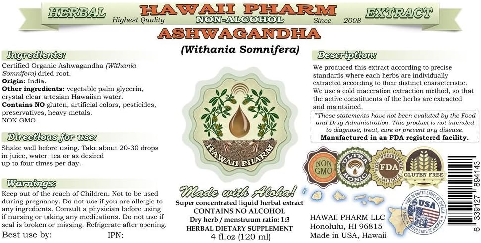 71GtgZBBNL._AC_SL1000_.jpg Ashwagandha Alcohol-Free Liquid Extract, Organic Ashwagandha (Withania Somnifera) Dried Root Glycerite Hawaii Pharm Natural Herbal Supplement 2x4 oz - Image 2