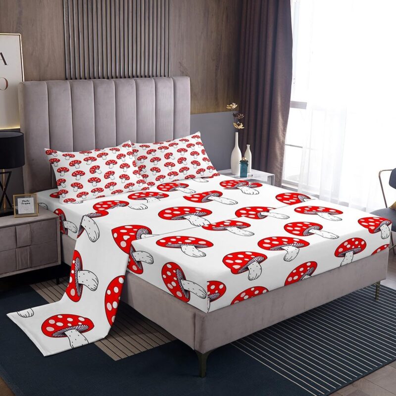 Feelyou Kids Sheet Set King Cute Mushroom Sheets for Girls Boys Bedroom Super Soft Kawaii Decor Botanical Plants Print Mushrooms Bed Sheet Children Natural Wild Fungus Bed, Red and White
