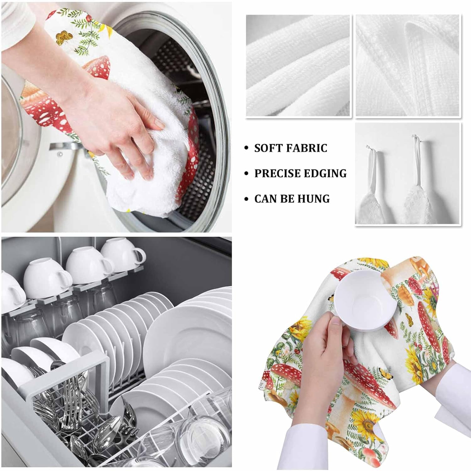 71HMgQjFaAL._AC_SL1500_.jpg Red Mushroom Kitchen Towels 18"x28" Absorbent Cleaning Cloths for Drying Dish,Kitchen Rags Soft Terry Hand Tower Washable Dish Towel Dish Dishcloths Sunflower Spring Summer Herbs Simple White 4 PCS - Image 5