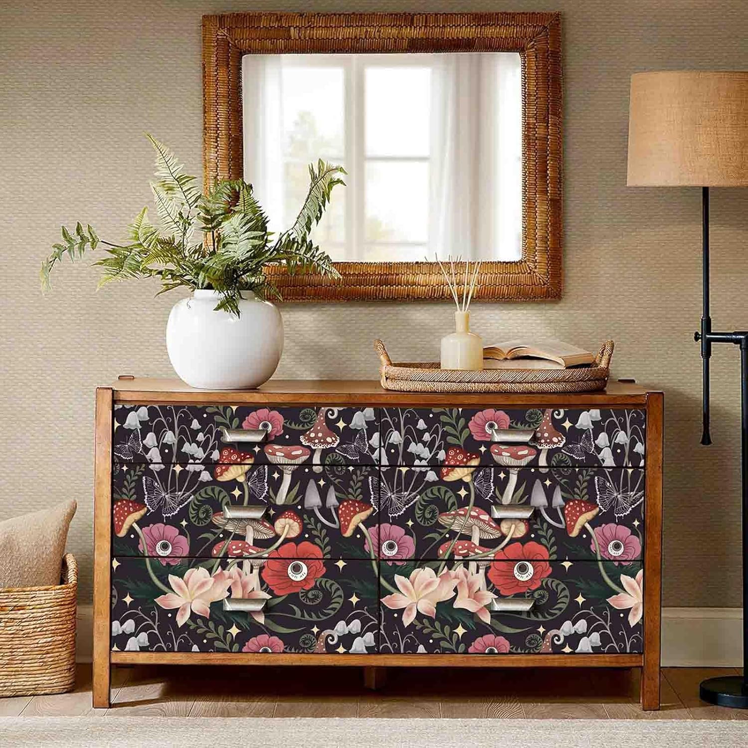 71HvHP4mqjL._AC_SL1500_.jpg Abyssaly 17.7in x 236in Mushroom Wallpaper Peel and Stick Boho, Black Floral Forest Contact Paper+17.7in x 236in Mushroom Peel and Stick Wallpaper Boho, Forest Floral Removable Contact Paper - Image 4