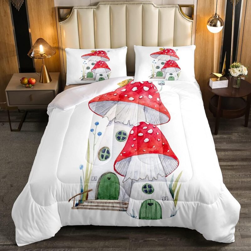 Cute Mushroom House Comforter Set Twin Size Red White Mushrooms Bedding Set For Kids Boys Girls Cartoon Kawaii Bed Set Wild Botanical Plants Down Comforter Soft Quilt Duvet Set With 1 Pillow Case