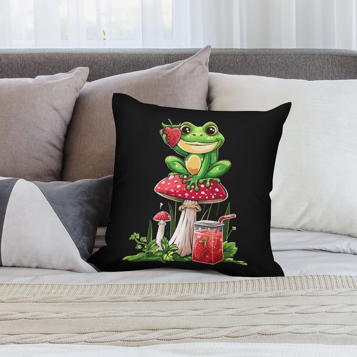 71IY0X0wBrL._AC_SL1500_.jpg Frog Love Stawberry Mushroom Decorative Plush Throw Pillow Covers Set of 4 Soft Cushion Cases for Home Couch Sofa Living Room - Image 5