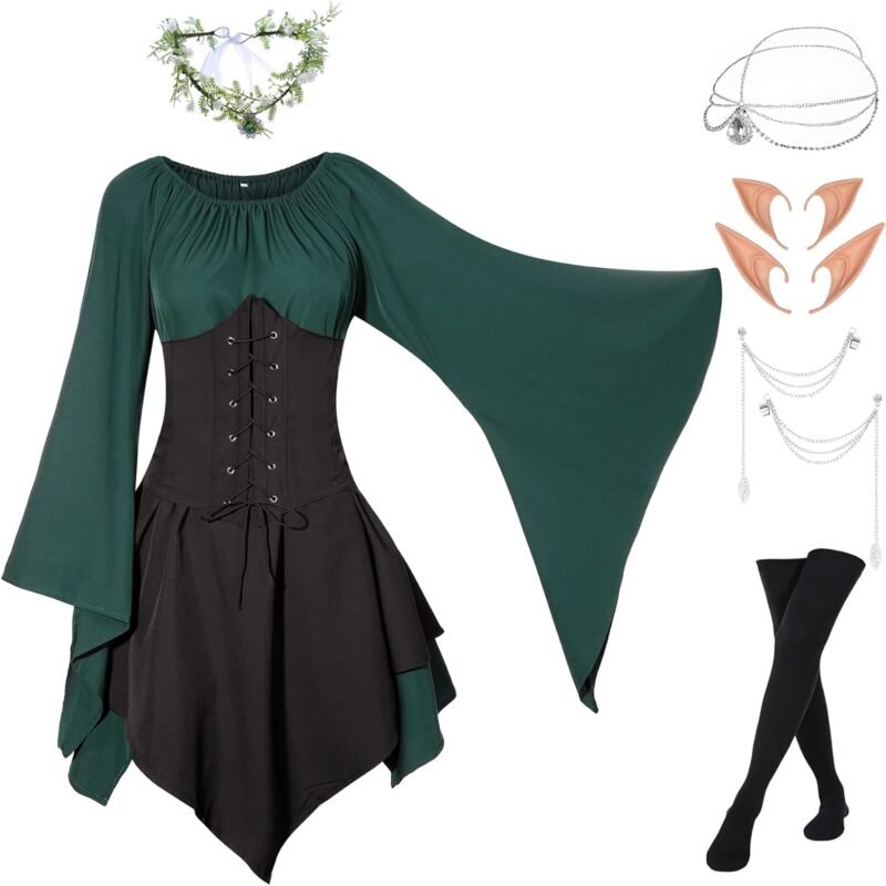 Oumbivil 8 Pcs Renaissance Costume Women Medieval Dress Adult Forest Fairy Elf Archer Cosplay Outfit Halloween Costumes