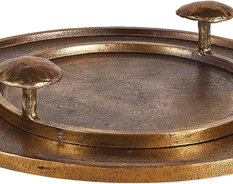 MY SWANKY HOME Luxe Modern Abstract Brass Bronze Mushroom Trays Set of 2 Round Woodland Organic