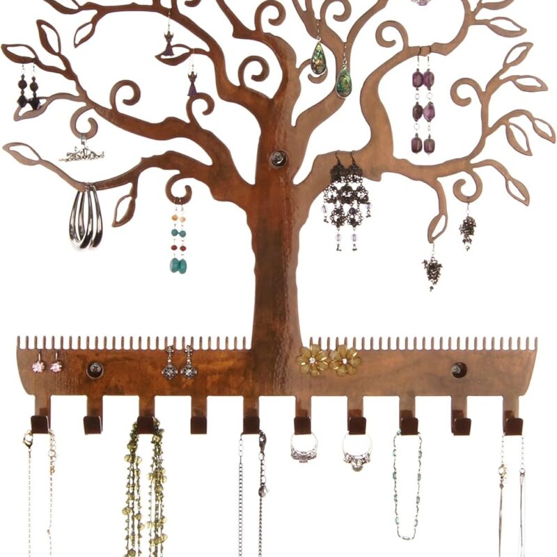 71K65oSFcuL._AC_SL1500_.jpg Angelynn's Wall Mounted Earring Holder and Necklace Organizer, Hanging Tree with Leaves Jewelry Storage Rack, Tree of Life Copper