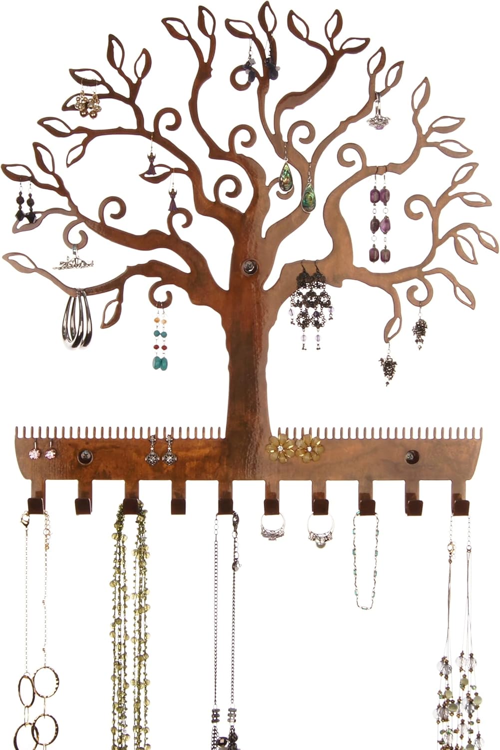 71K65oSFcuL._AC_SL1500_.jpg Angelynn's Wall Mounted Earring Holder and Necklace Organizer, Hanging Tree with Leaves Jewelry Storage Rack, Tree of Life Copper