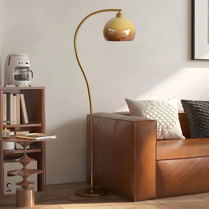 Bofea-Gold Floor Lamps for Living Room,Arc Floor Lamp with Orange Glass Shade,Foot Switch,3 Color Temperatures Atmosphere Bedside Lamp Mid Century Modern Mushroom Floor Lamp for Living Room,Corner