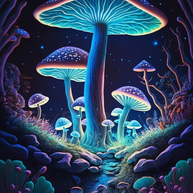 Glowing Mushroom Posters - 20 X 30 Glowing Mushroom Artworks Wall Art, Framed Oil Painting Canvas, For Entrance Hall Home Decor
