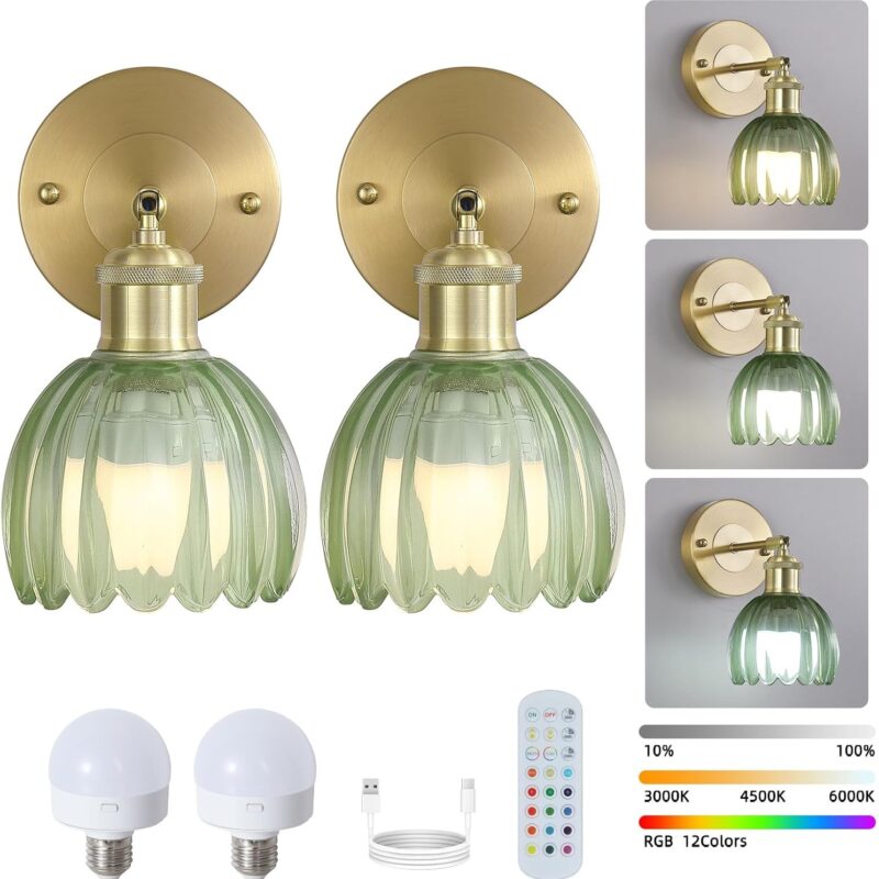 71M-JyAfScL._AC_SL1500_.jpg Vintage Battery Operated Wireless Wall Sconces, Rechargeable Gold Wall Lights,Green Tulip Glass Lampshad With Remote Dimmable Wall Lighting Indoor, Led Wall Lamp Fixtures For Bedroom, Living Room