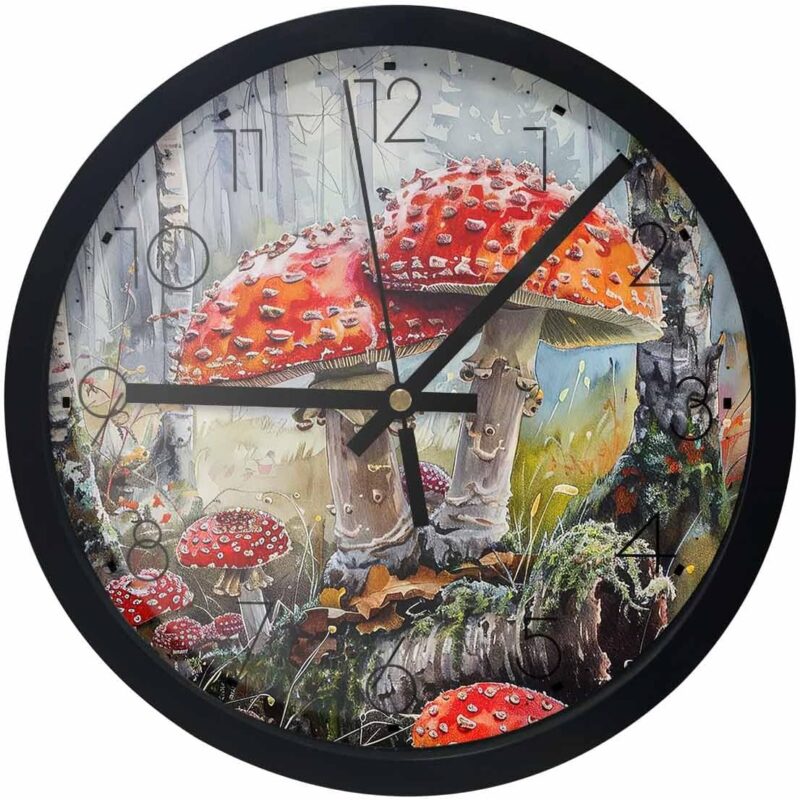 Mushroom Round Wall Clocks Battery Operated, Vintage Watercolor Oil Painting Botanical Ticking Wall Clock, Wall Clock for Living Room/Bedroom/Kitchen/Office/Decor 10 Inch
